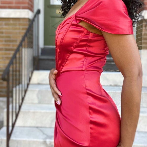 Red Satin Off the Shoulder Dress with Thigh Split - Picture 10 of 14